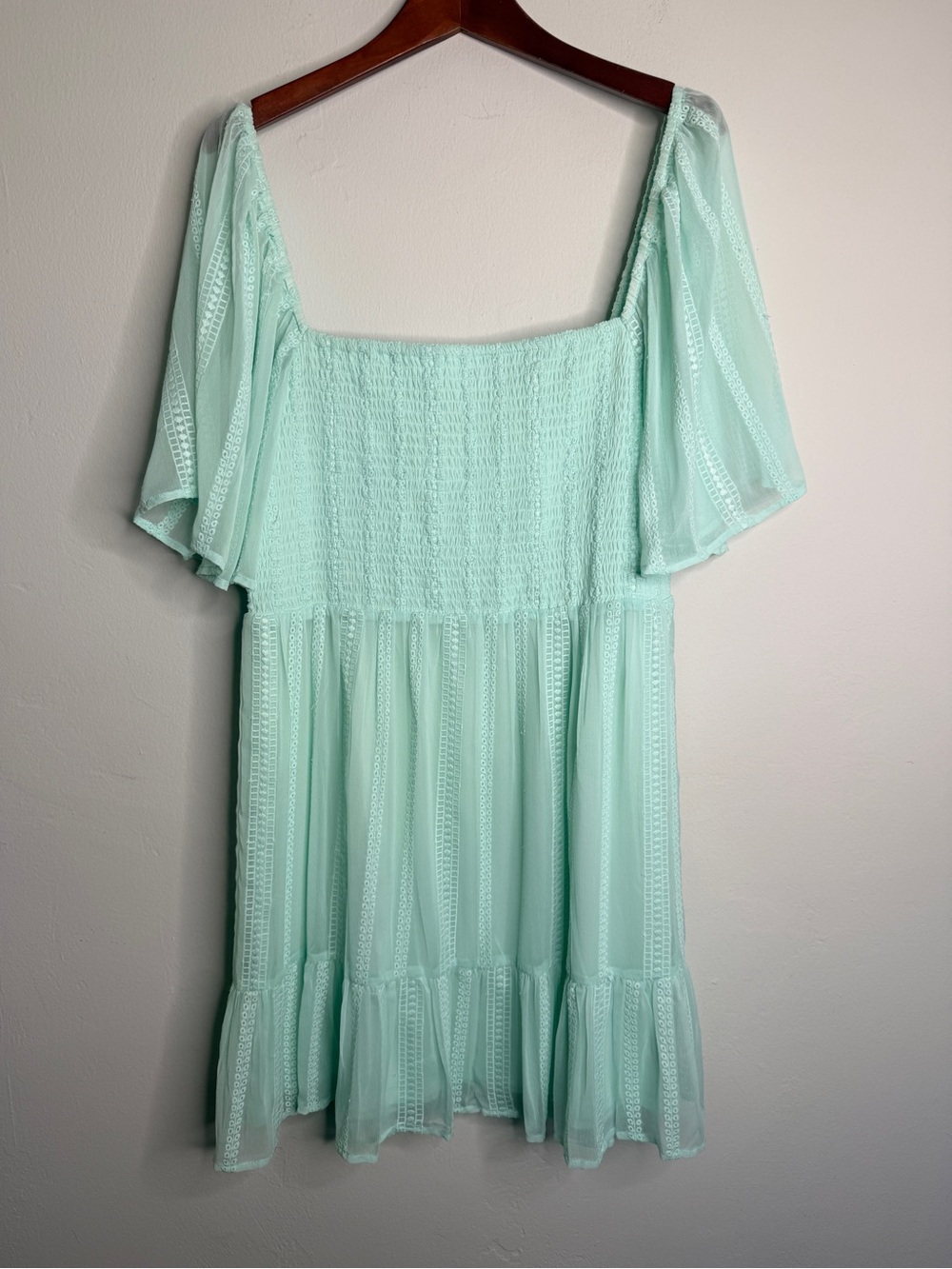 NSR Mint Green Smocked Square Neck Embroidered Tiered Mini Dress XL